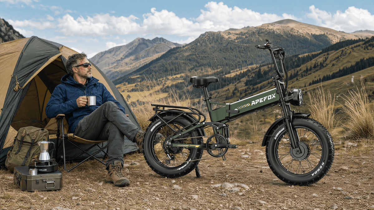 Persona seduta accanto alla fat bike elettrica pieghevole APEFOX RH20 su un prato