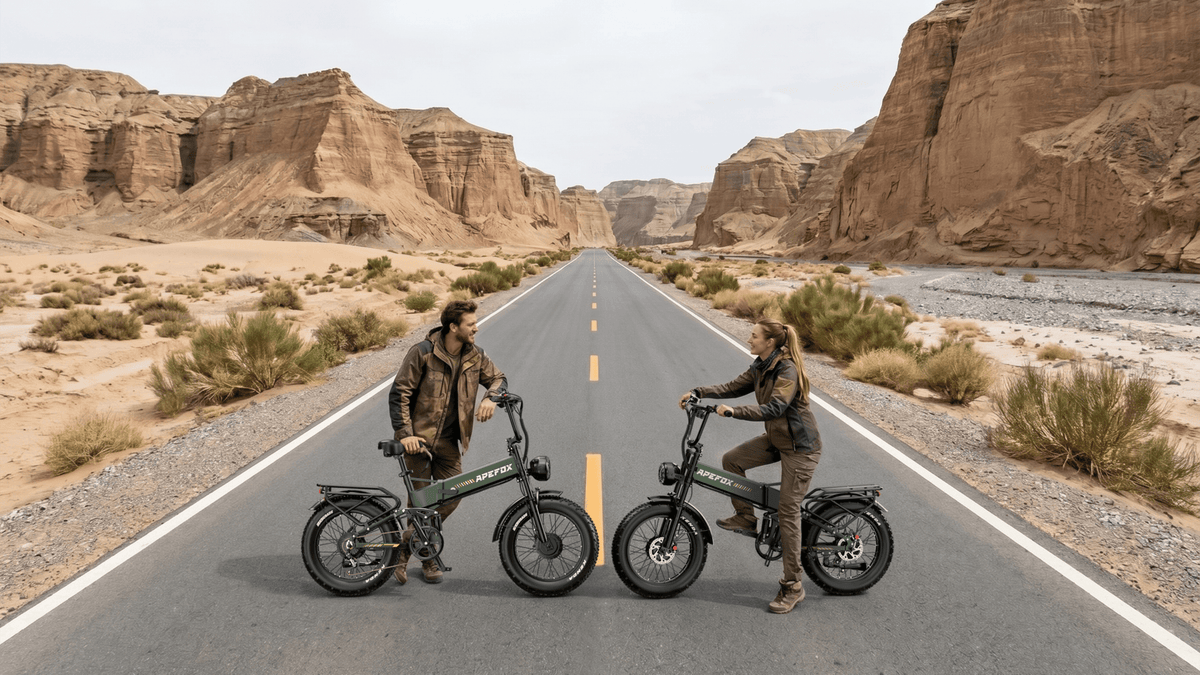 Persona alla guida della fat bike elettrica pieghevole APEFOX RH20 su strada