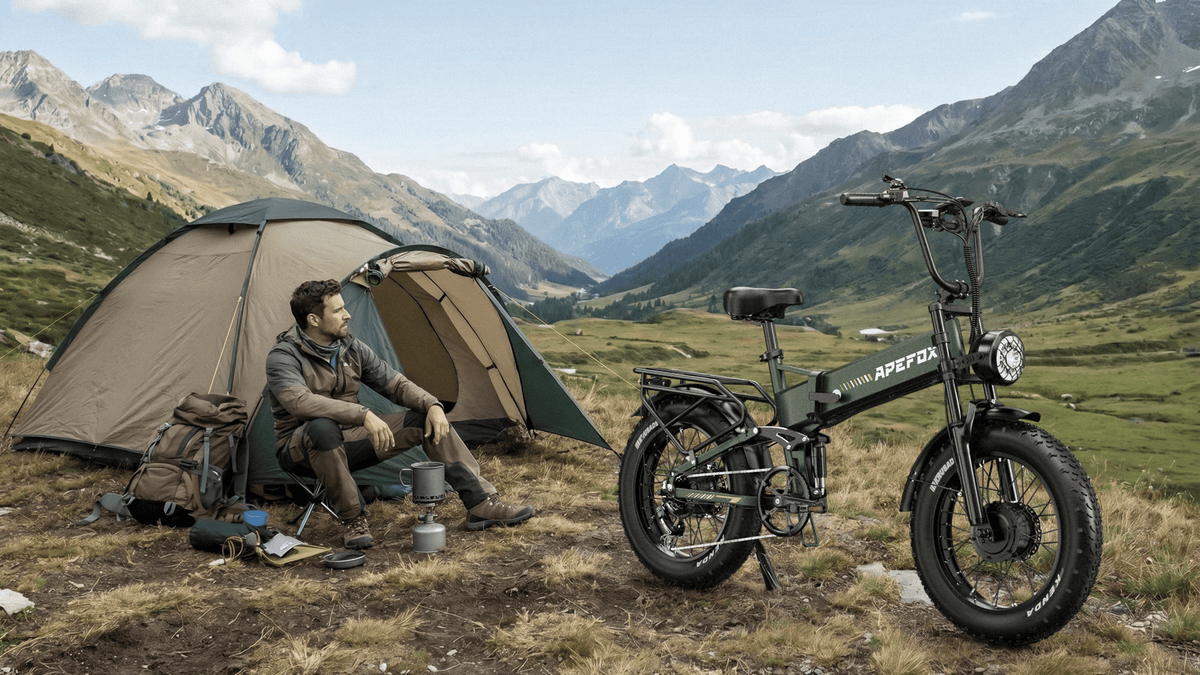 Fat bike elettrica pieghevole APEFOX RH20 vista di tre quarti su un prato