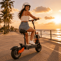 Donna alla guida del monopattino elettrico BOYUEDA M2 in riva al mare