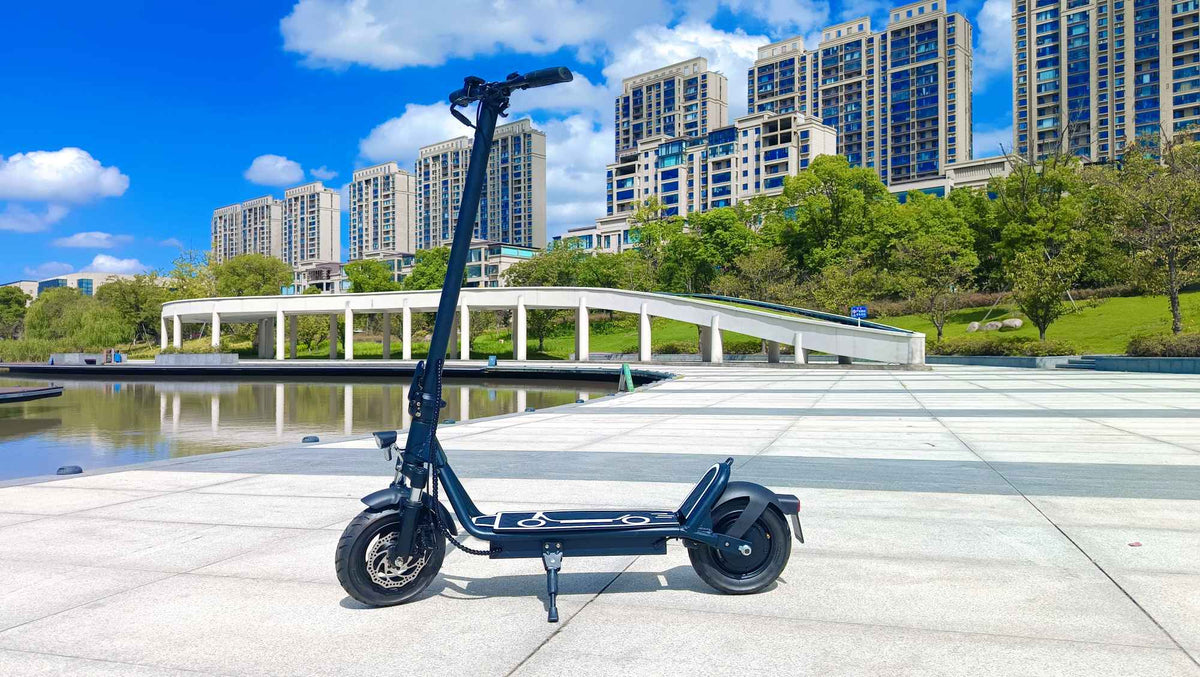 Monopattino elettrico DriveTron DT01 visto di lato in riva a un lago