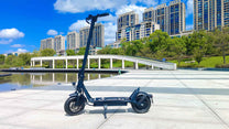 Monopattino elettrico DriveTron DT01 visto di lato in riva a un lago