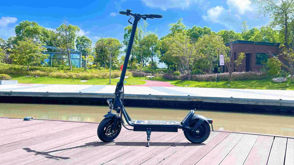 Monopattino elettrico DriveTron DT01 visto di lato in un parco