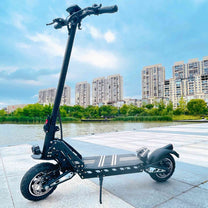 Monopattino elettrico DriveTron DT10 visto di tre quarti in riva a un lago