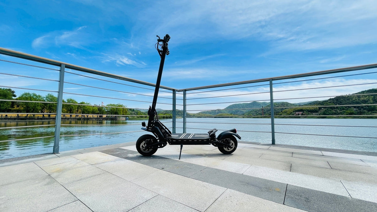 Monopattino elettrico DriveTron DT10 visto di lato in riva a un lago