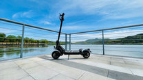 Monopattino elettrico DriveTron DT10 visto di lato in riva a un lago