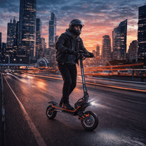 Uomo alla guida del monopattino elettrico DUALTRON Alien al tramonto