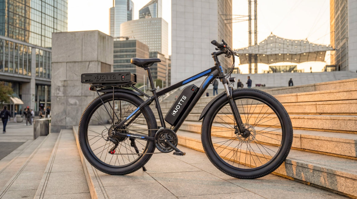 Bici elettrica Duotts C29-K vista di tre quarti su un vialetto