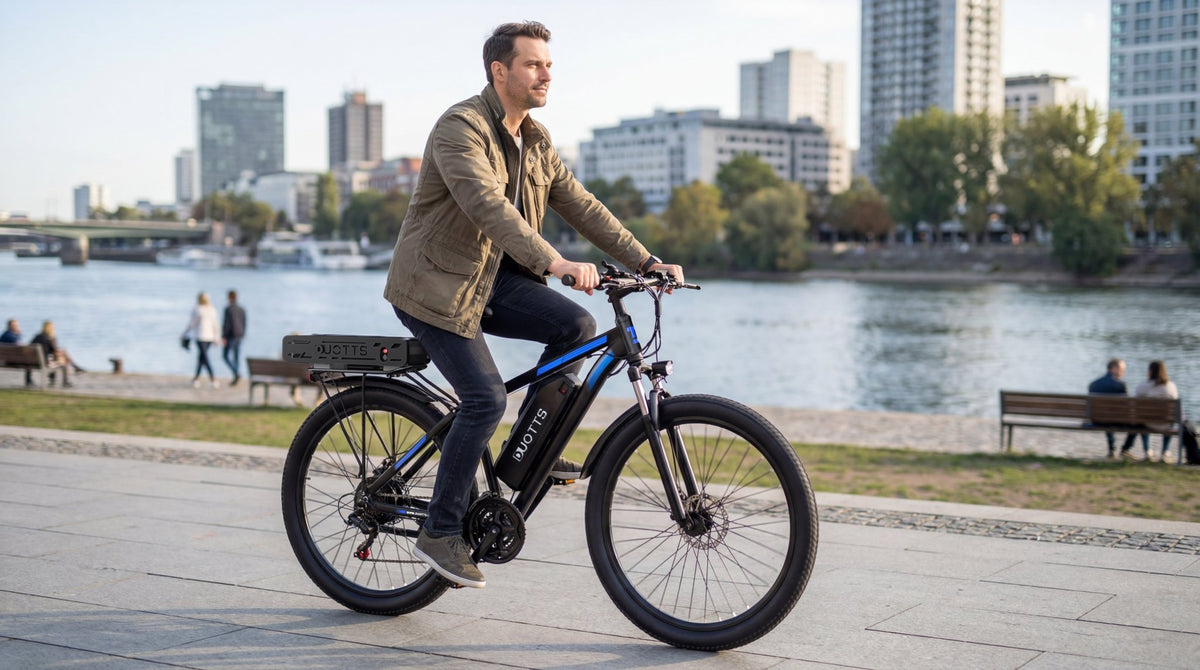 Uomo alla guida della bici elettrica Duotts C29-K su un vialetto