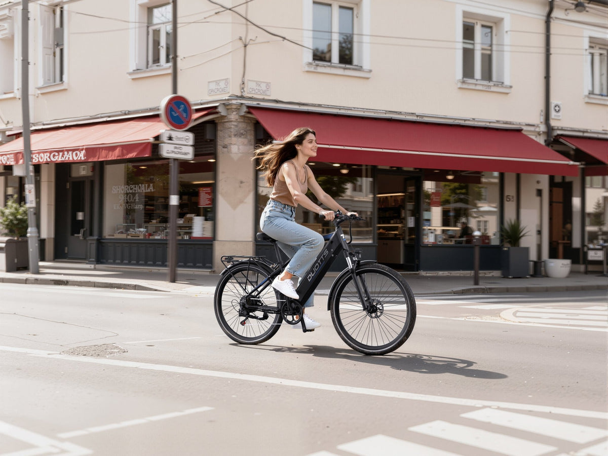 Donna alla guida della bici elettrica Duotts C29 Max su strada
