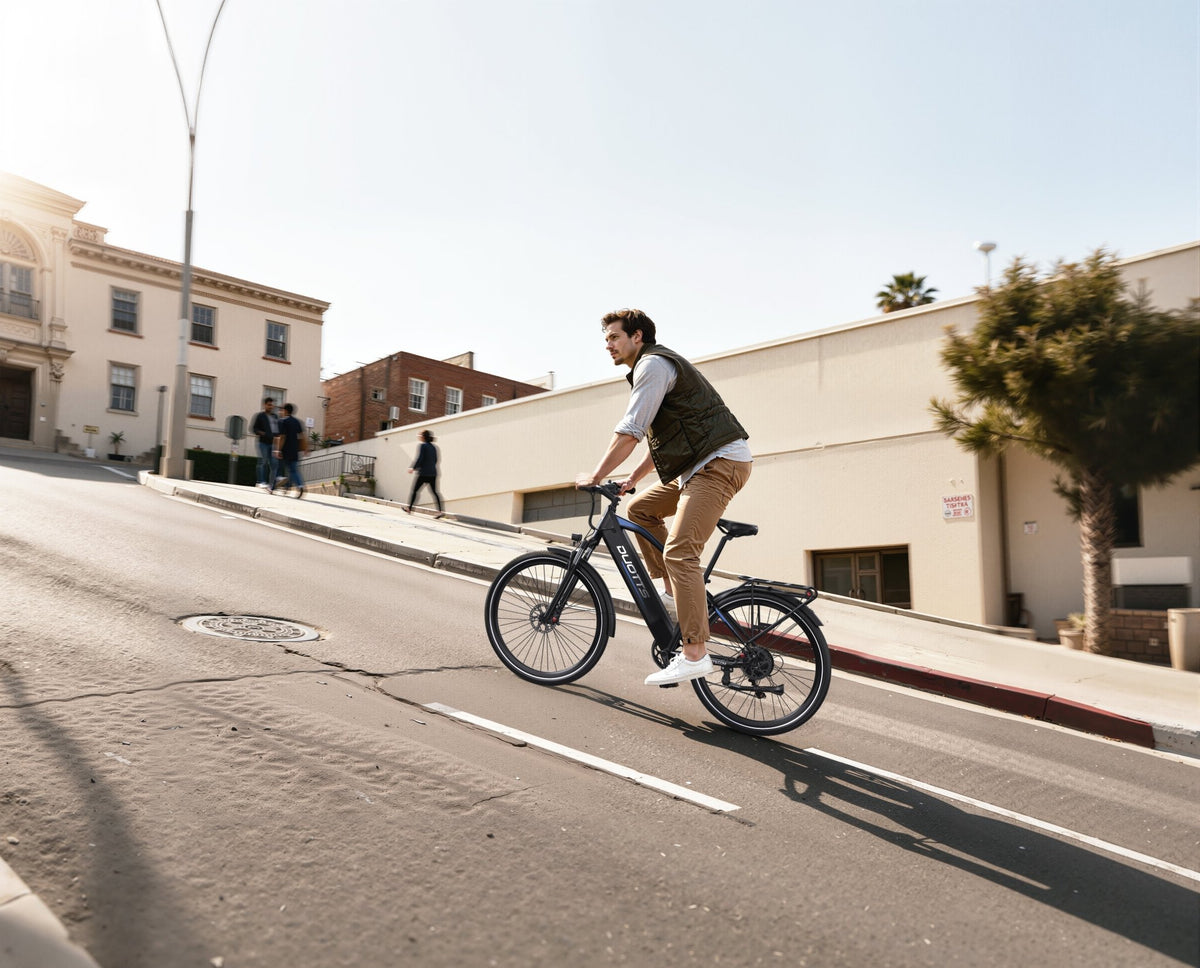 Uomo alla guida della bici elettrica Duotts C29 Max su strada