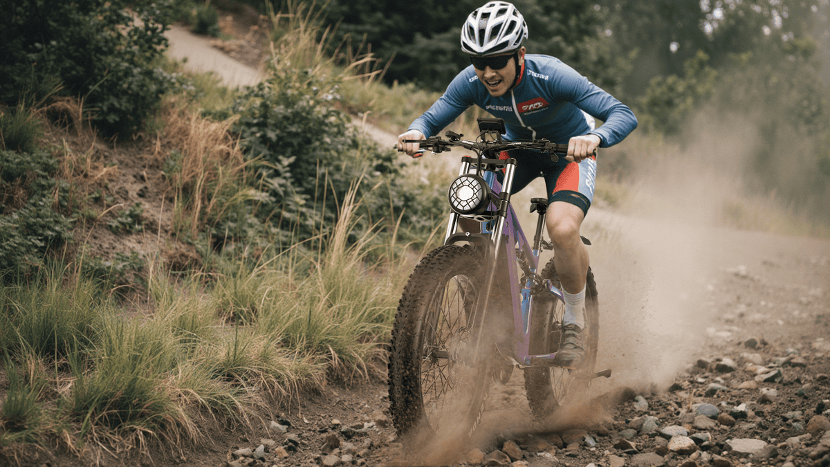 Pilota con la fat bike elettrica Duotts E26 in fuoristrada nel bosco