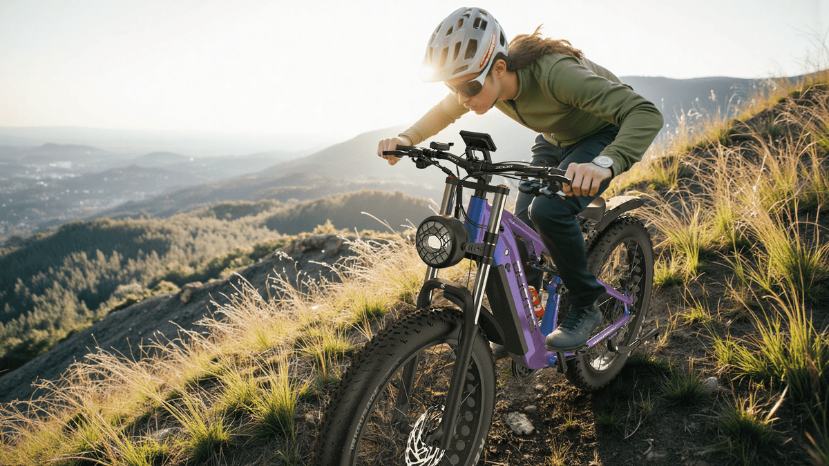 Uomo alla guida della fat bike elettrica Duotts E26 su un prato