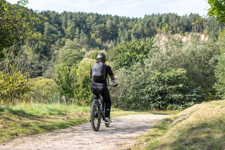 Uomo alla guida della mountain bike elettrica Duotts E29 nel bosco