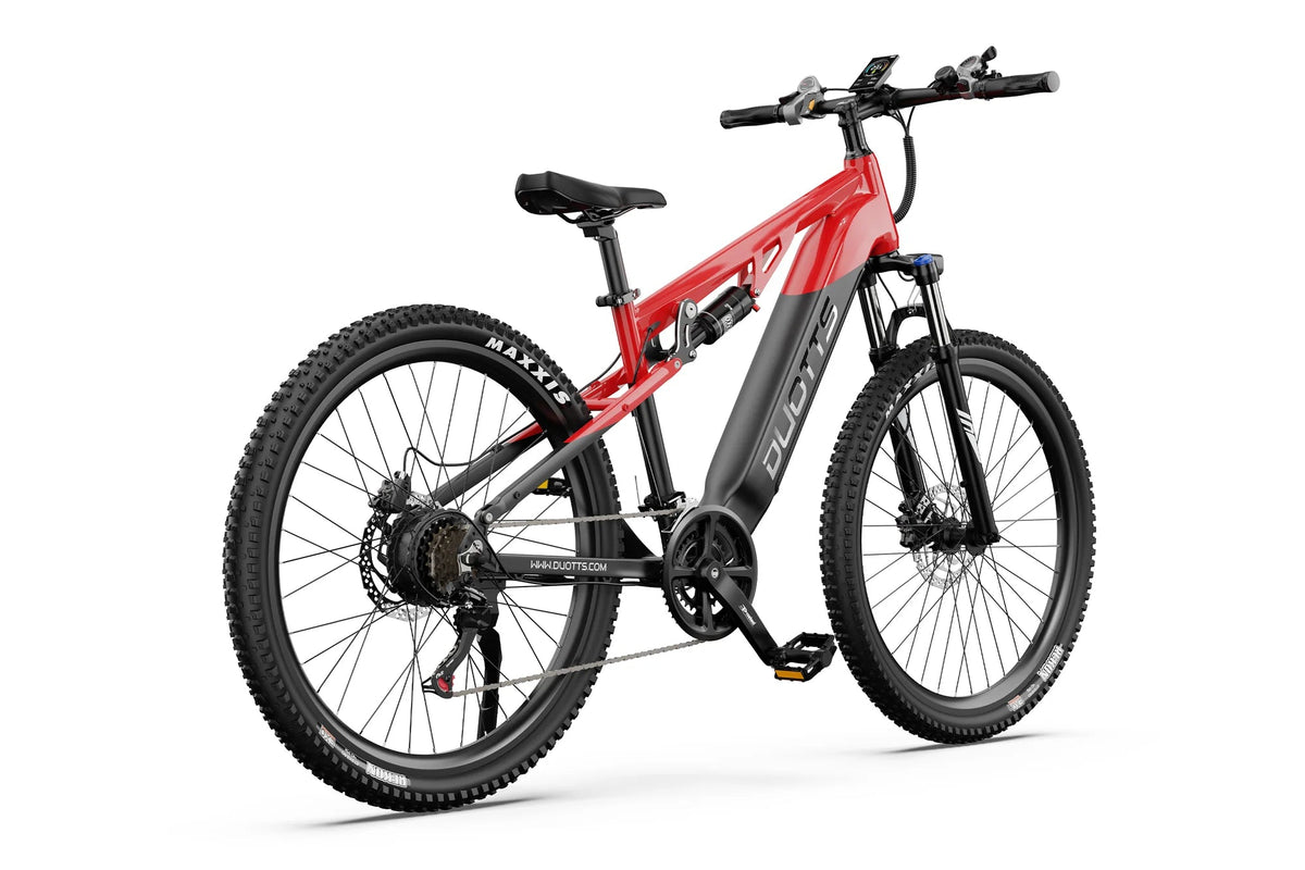 Mountain bike elettrica Duotts E29 vista di tre quarti in colore rosso