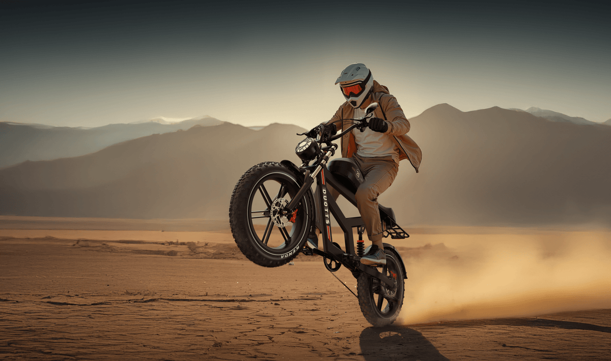 Pilota che salta con la fat bike elettrica Duotts F20 al tramonto