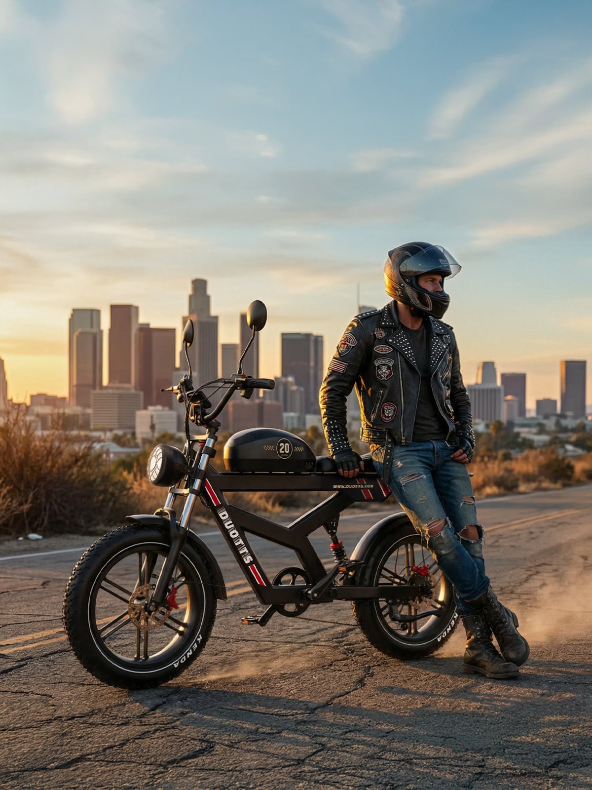 Uomo in piedi con la fat bike elettrica Duotts F20 su strada al tramonto