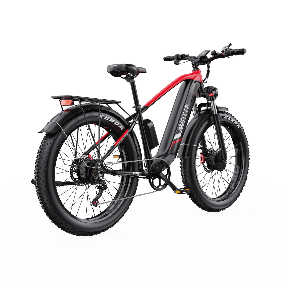 Fat bike elettrica Duotts F26 vista di tre quarti da dietro in colore rosso