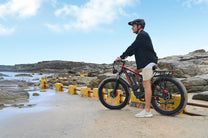 Uomo in piedi con la fat bike elettrica Duotts S26 in riva al mare