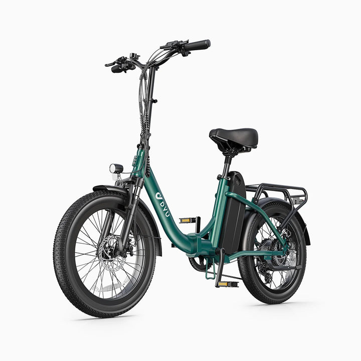 Bici elettrica pieghevole DYU C9 vista di tre quarti in colore verde