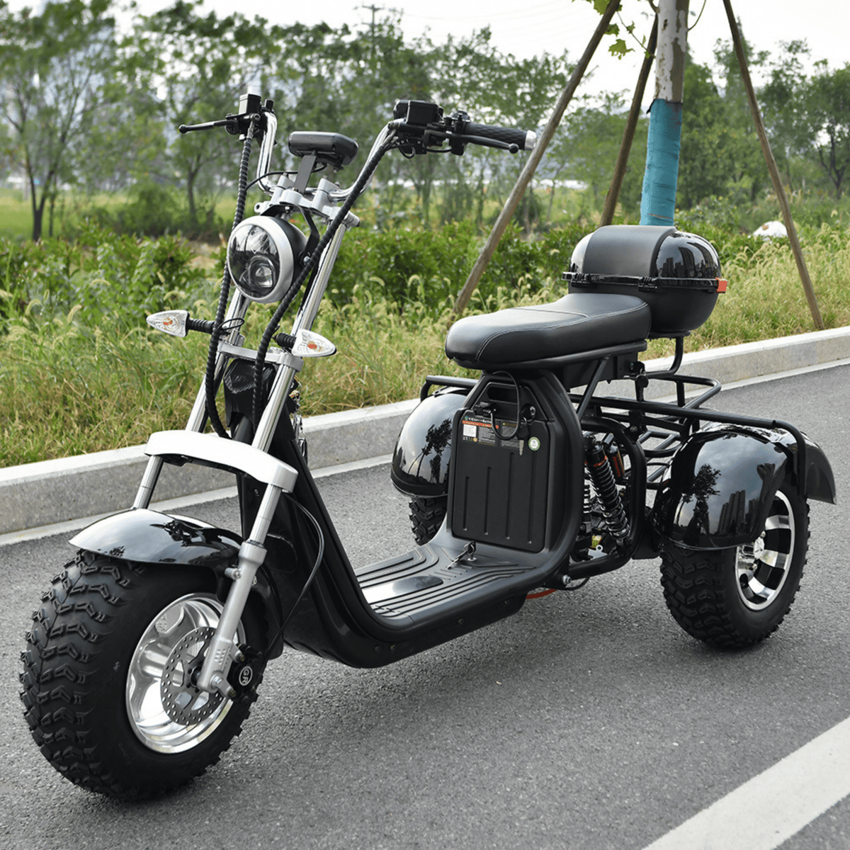 Triciclo elettrico eHoodax 05WQ visto di tre quarti su strada