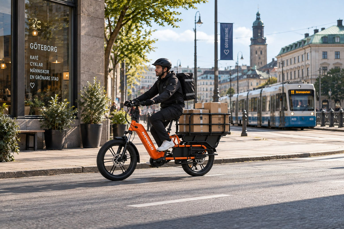 Corriere che consegna pacchi con una cargo bike elettrica HOVSCO a Göteborg
