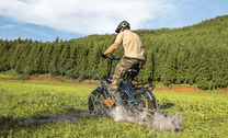 Pilota con la fat bike elettrica pieghevole ENGWE ENGINE Pro 3.0 Boost in fuoristrada su un prato