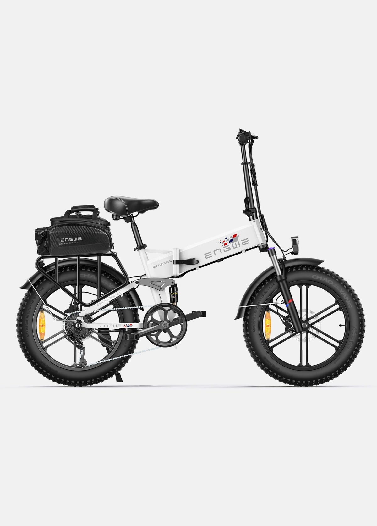 Fat bike elettrica pieghevole ENGWE ENGINE X vista di lato in colore bianco con bagagli