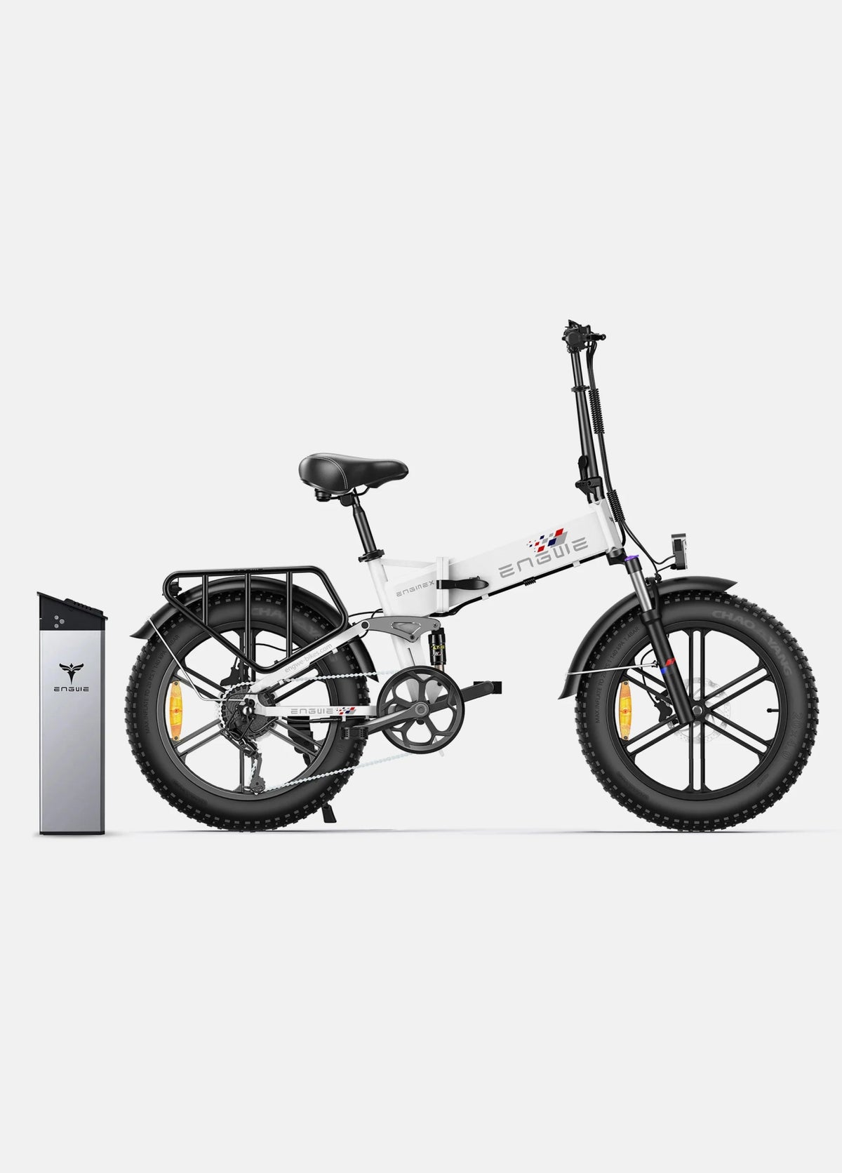 Fat bike elettrica pieghevole ENGWE ENGINE X vista di lato in colore bianco con batteria aggiuntiva