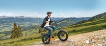Uomo alla guida della fat bike elettrica pieghevole ENGWE EP-2 3.0 Boost su un prato