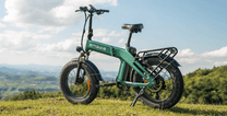 Fat bike elettrica pieghevole ENGWE EP-2 3.0 Boost vista di tre quarti su un prato
