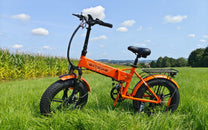 ENGWE EP-2 Pro bici elettrica pieghevole fat bike arancione parcheggiata in un prato