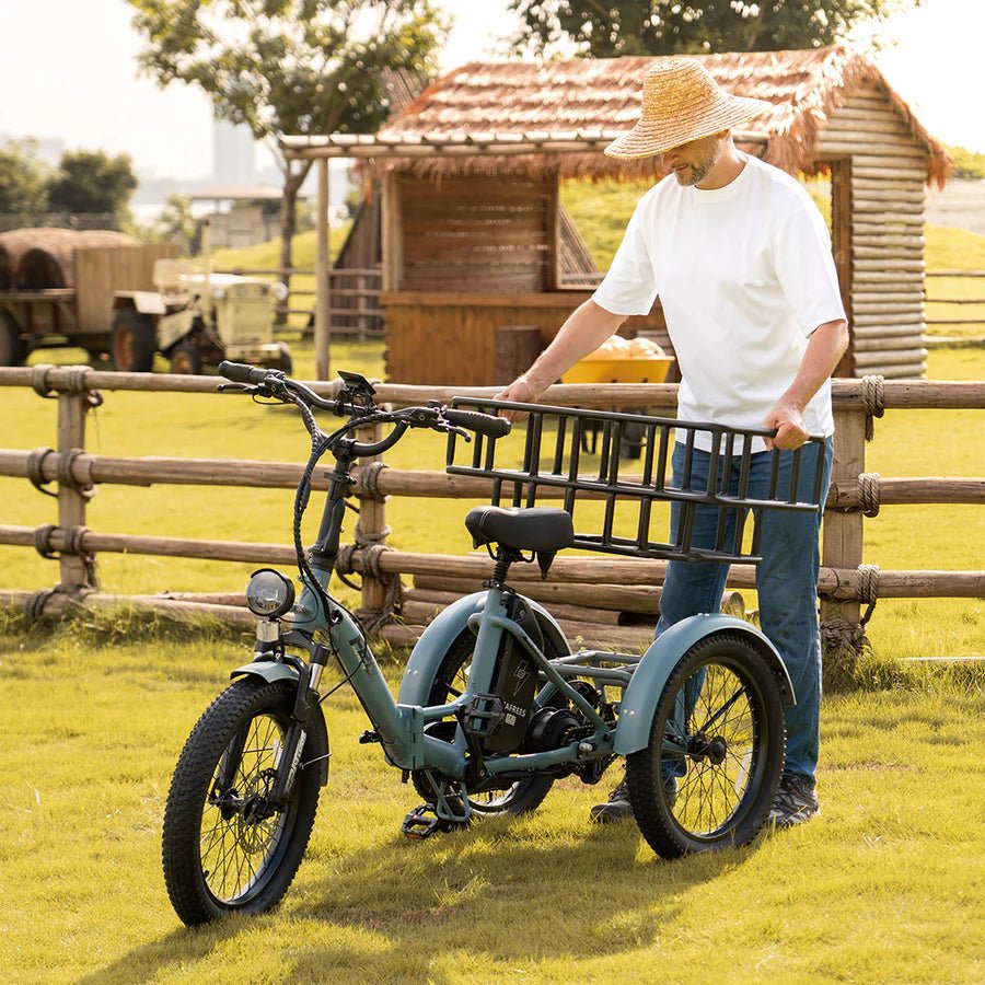 Uomo in piedi con il triciclo elettrico Fafrees F20 Mate in un giardino