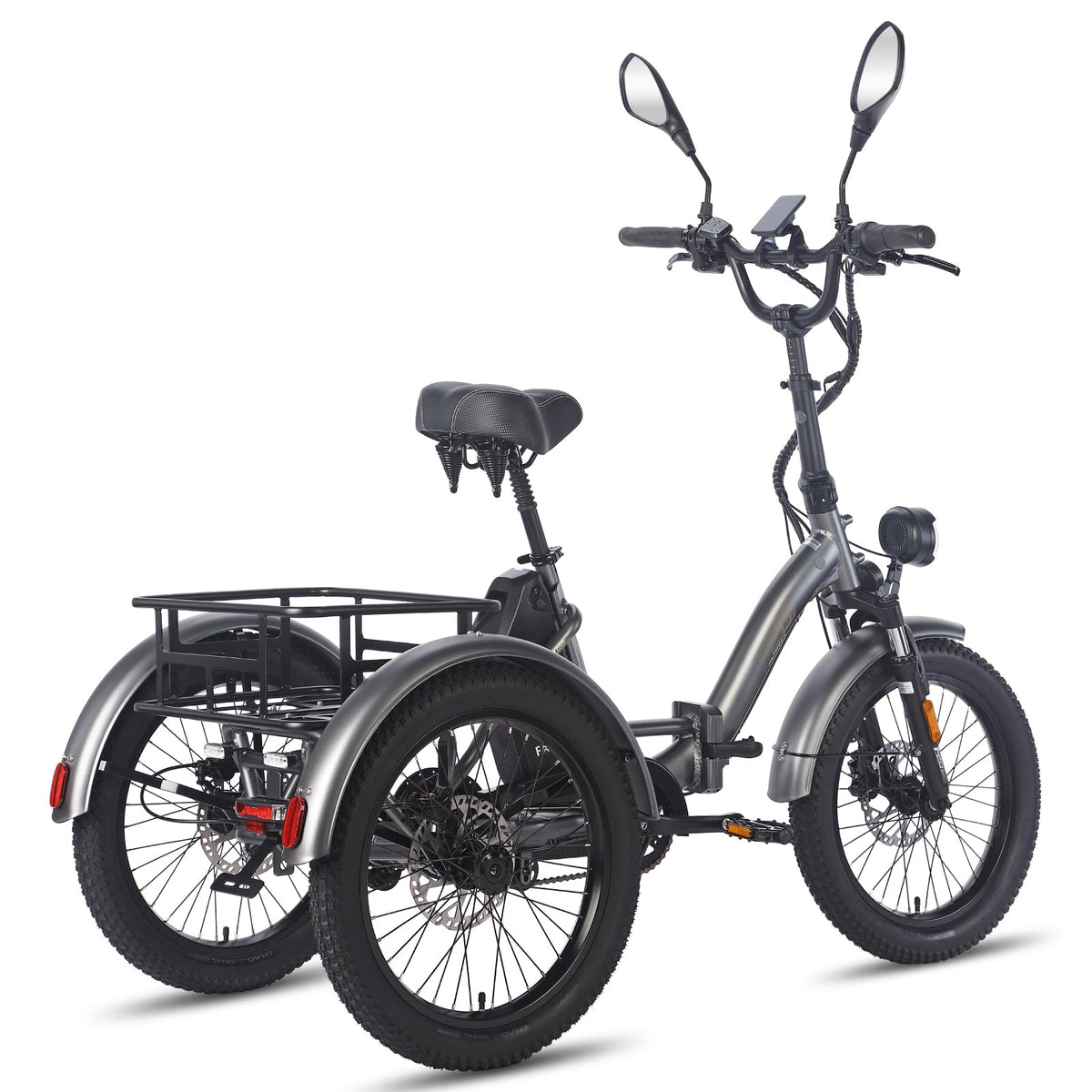 Triciclo elettrico Fafrees F20 Mate visto di tre quarti da dietro in colore grigio
