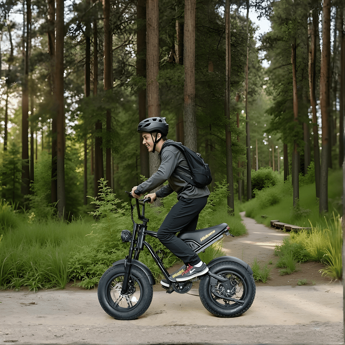 Uomo alla guida della fat bike elettrica Hidoes B6 Mini nel bosco