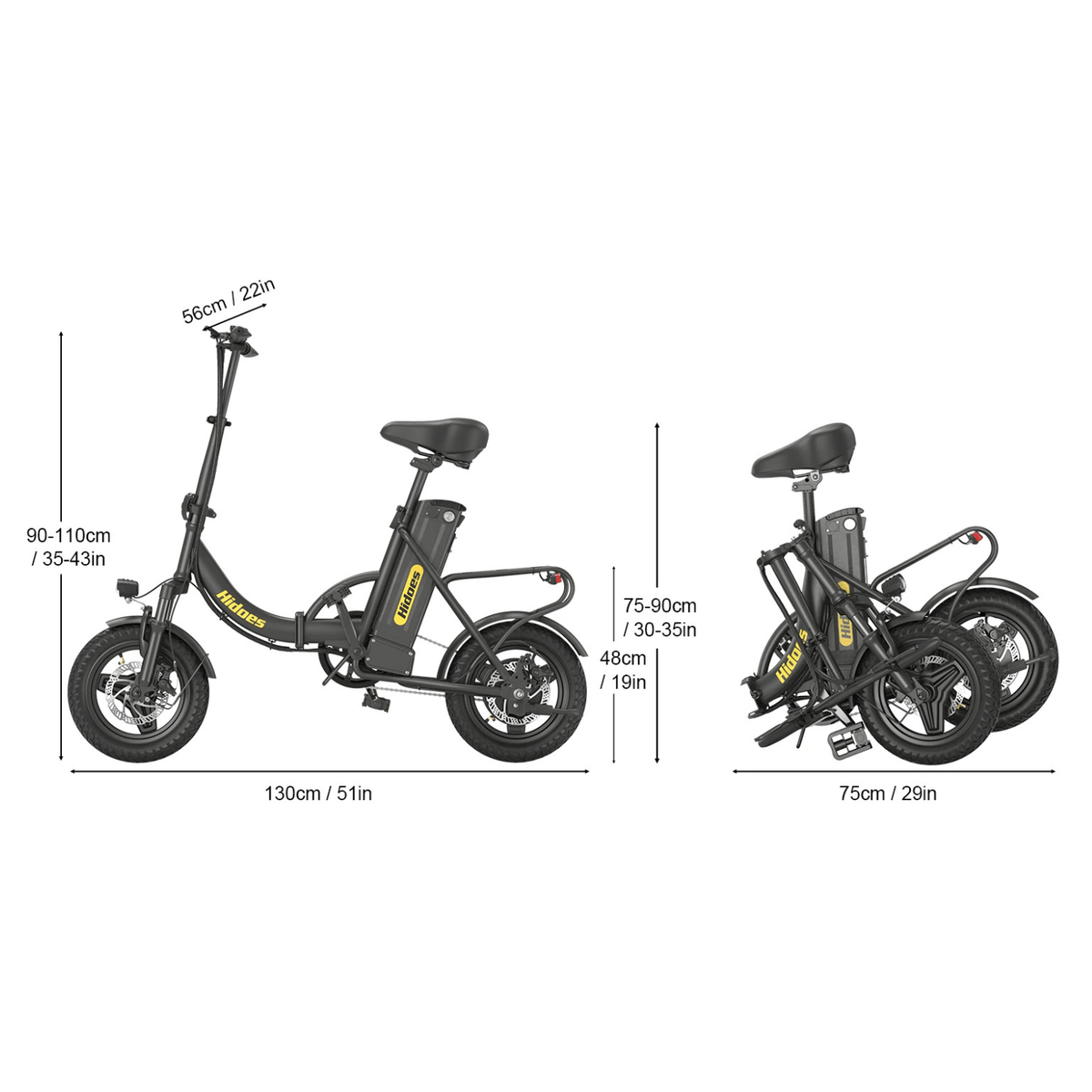 Disegno con le misure della bici elettrica pieghevole Hidoes C5
