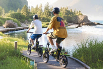 Due persone con la bici elettrica pieghevole Hidoes C5 in un parco in riva a un lago
