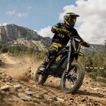 Pilota con la moto da cross elettrica Hidoes G2 in fuoristrada su terreno sabbioso