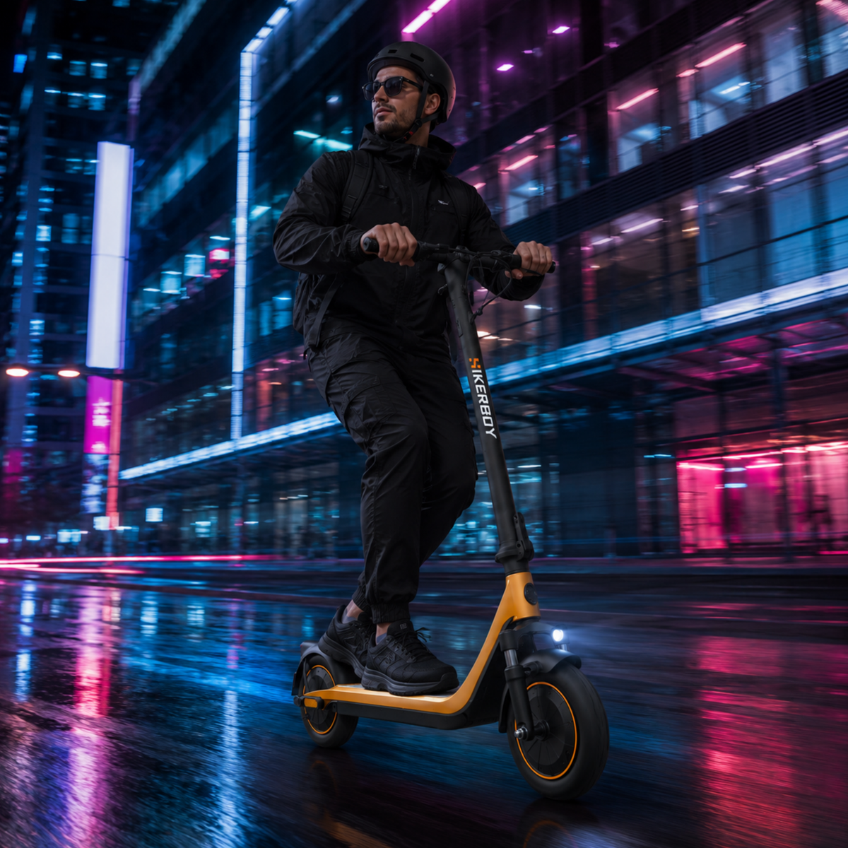 Uomo alla guida del monopattino elettrico HIKERBOY CURTIS DUAL PRO in un ambiente serale