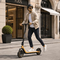 Uomo che passeggia con il monopattino elettrico HIKERBOY CURTIS DUAL PRO in una strada
