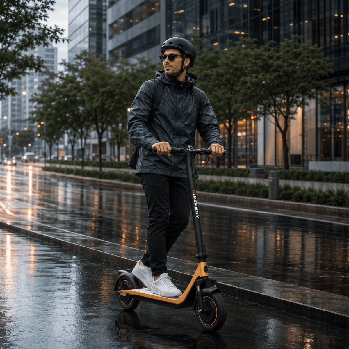 Uomo alla guida del monopattino elettrico HIKERBOY CURTIS DUAL PRO in riva a un lago