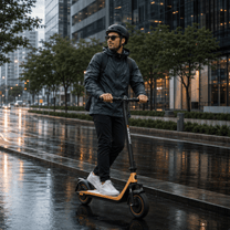 Uomo alla guida del monopattino elettrico HIKERBOY CURTIS DUAL PRO in riva a un lago