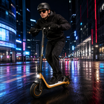 Uomo alla guida del monopattino elettrico HIKERBOY CURTIS DUAL PRO su asfalto bagnato