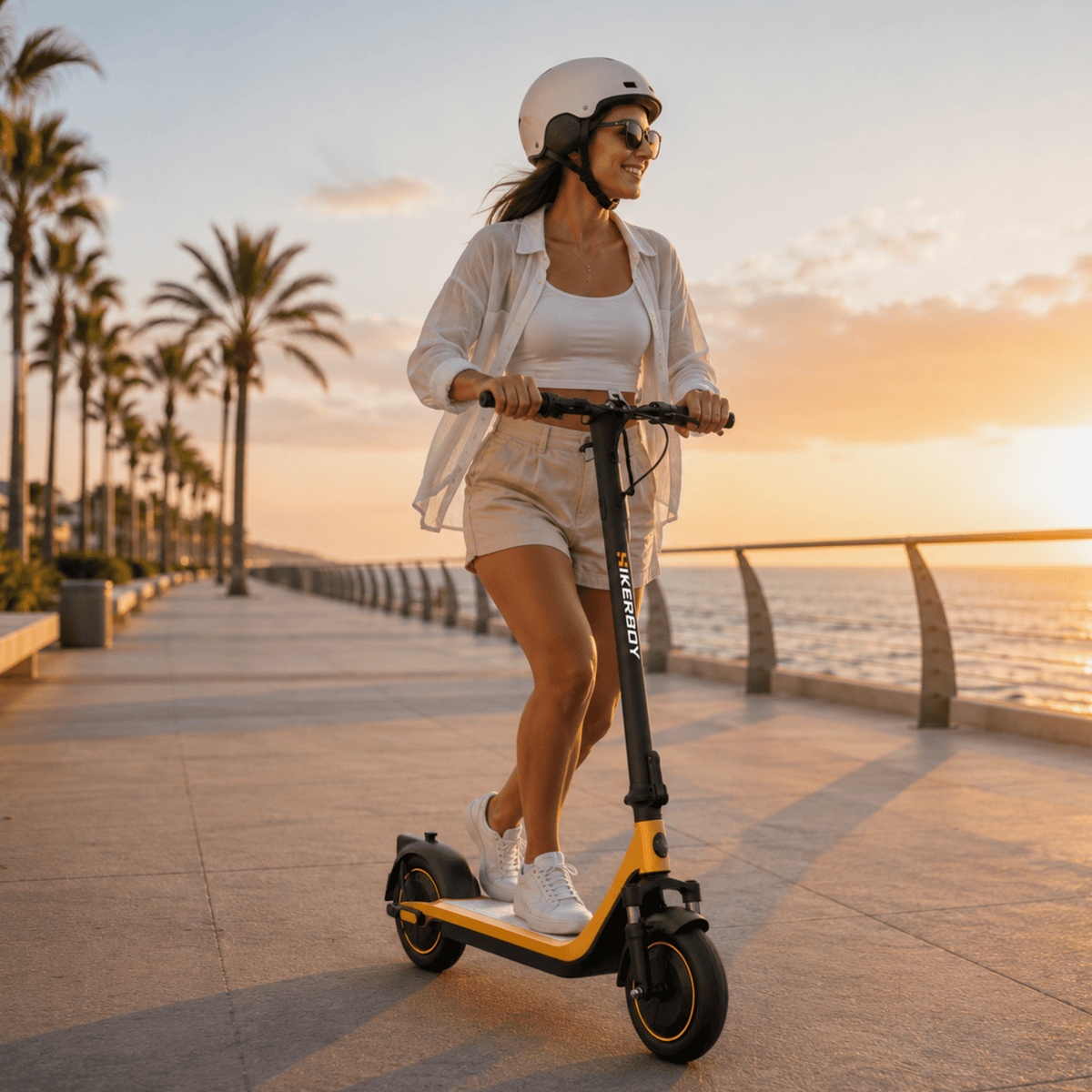 Donna alla guida del monopattino elettrico HIKERBOY CURTIS DUAL PRO al tramonto