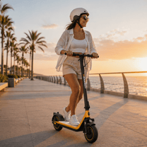 Donna alla guida del monopattino elettrico HIKERBOY CURTIS DUAL PRO al tramonto