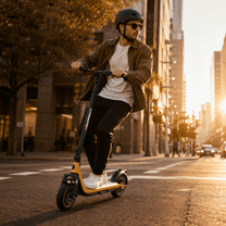 Uomo alla guida del monopattino elettrico HIKERBOY CURTIS DUAL PRO in una strada
