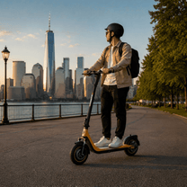 Uomo in piedi con il monopattino elettrico HIKERBOY CURTIS DUAL PRO in città