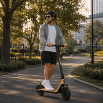 Uomo in piedi con il monopattino elettrico HIKERBOY CURTIS DUAL PRO in un parco
