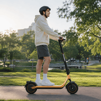 Uomo in piedi con il monopattino elettrico HIKERBOY CURTIS DUAL PRO su un prato