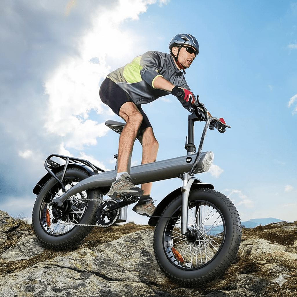 Uomo alla guida della fat bike elettrica HX Q3 Plus su terreno sabbioso